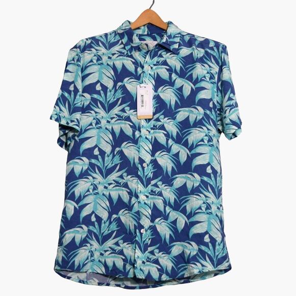 NWT Hawaiian Shirt Mens Medium Button Up Blue Tropical Soft 100% Viscose Palm - Picture 1 of 6